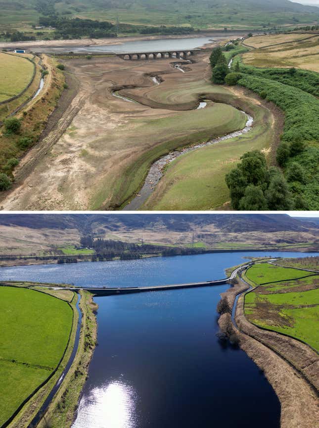 Woodhead Reservoir in Derbyshire in July 2022 versus April 2023.